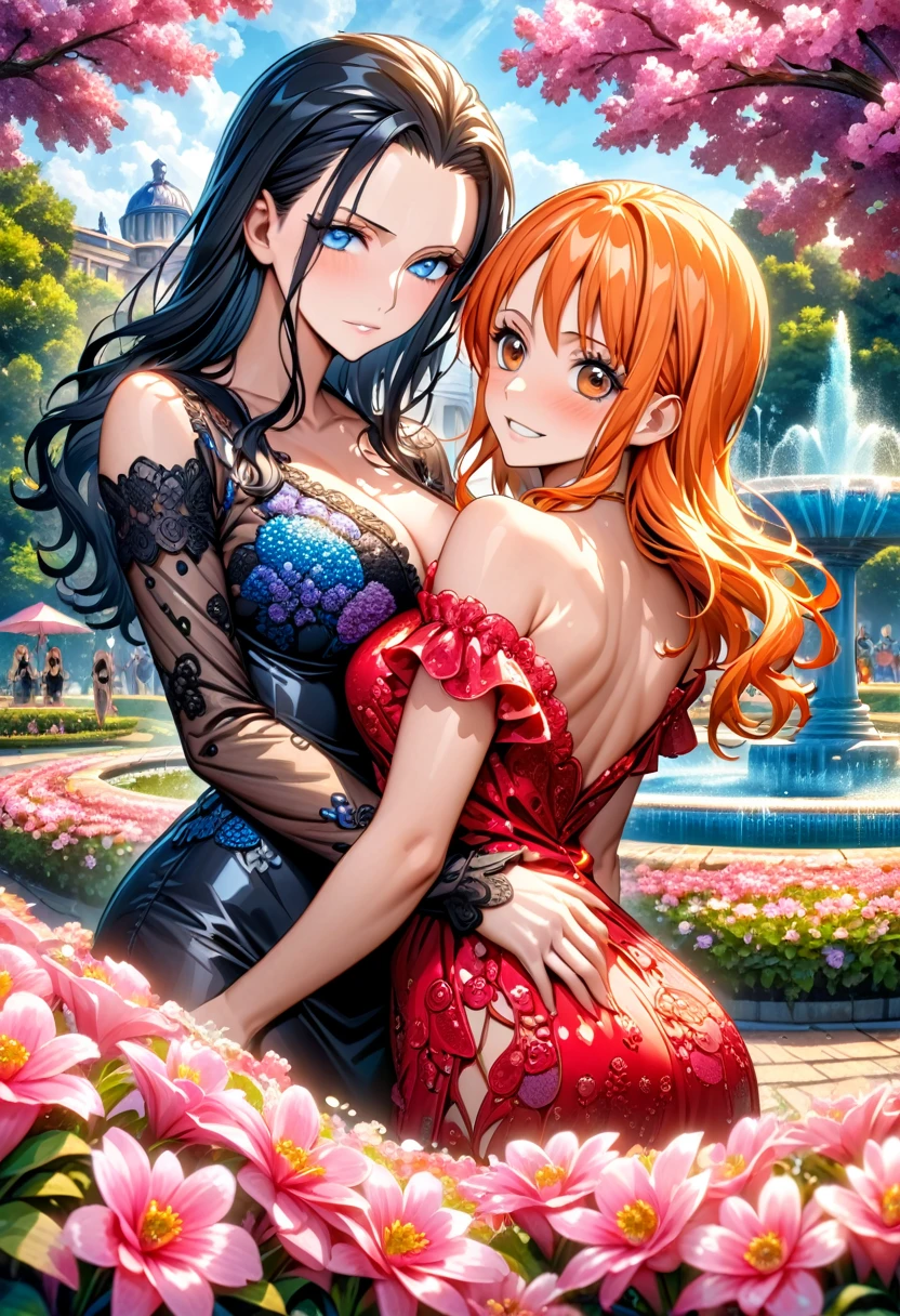 absurdres, highres, ultra detailed, HDR, master piece, best quality, Nico Robin, black hair, expressive blue eyes, One Piece, Nami, orange hair, expressive brown eyes, two beautiful women together, pretty, red dress, black dress, park, fountain, pink flowers, pink trees