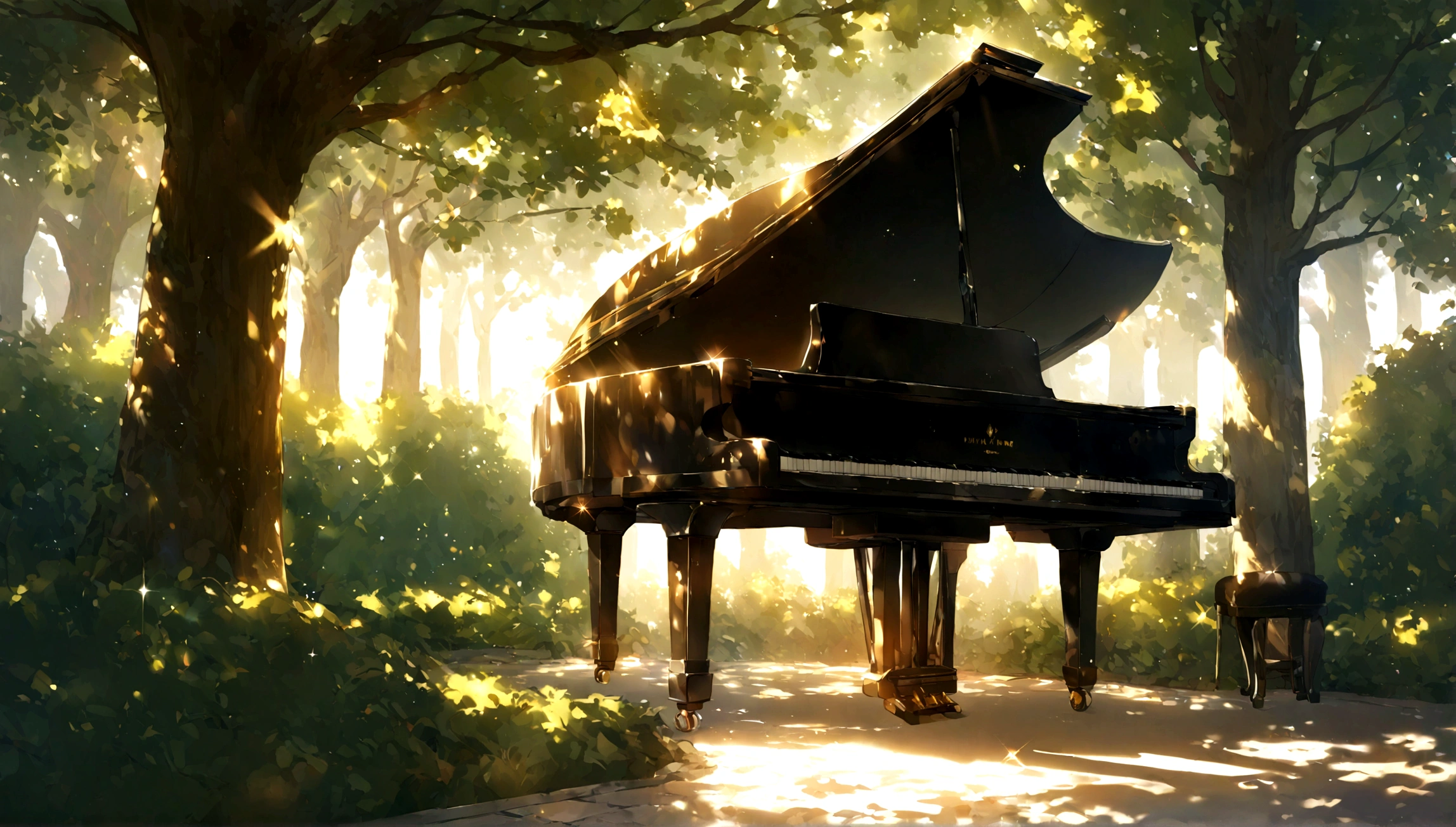 1A grand piano placed under a large book tree、The sunlight filtering through the trees makes it sparkle.