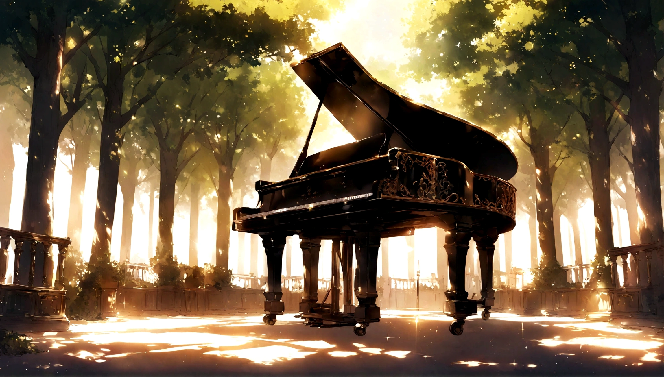 1A grand piano placed under a large book tree、The sunlight filtering through the trees makes it sparkle.