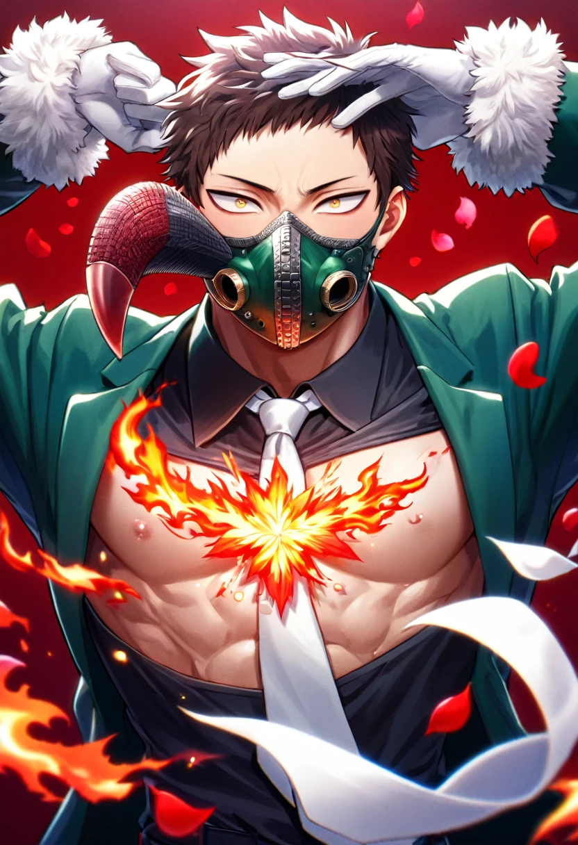 Ultra detailed, Highres, absurdres, HDR, Chisaki Kai, Overhaul, dark brown hair, short hair, short bangs, expressive golden eyes, Boku No Hero Academia, red flowers, petals, handsome, sexy man, solo, very detailed eyes and face, glittering, master piece, toned chest, fantasy, cross, best quality, dark oliver-green jacket with fur, white necktie, black shirt, white gloves, red background, fire, black pants, plague doctor mask