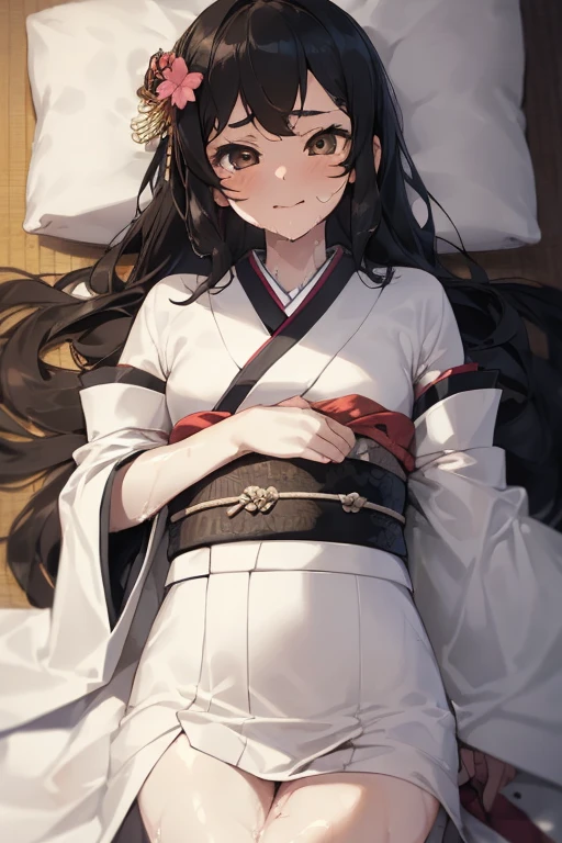 Best Quality, From above,1girl,(pale skin:0.8), actress 14 yo, beautiful, ((((cute face:1,5)))),black long hair, (bangss), side locks, brown eyes,hair ornament,wet body,(flat chest:0.4),a bed,lying on bed,looking at viewer,kimono