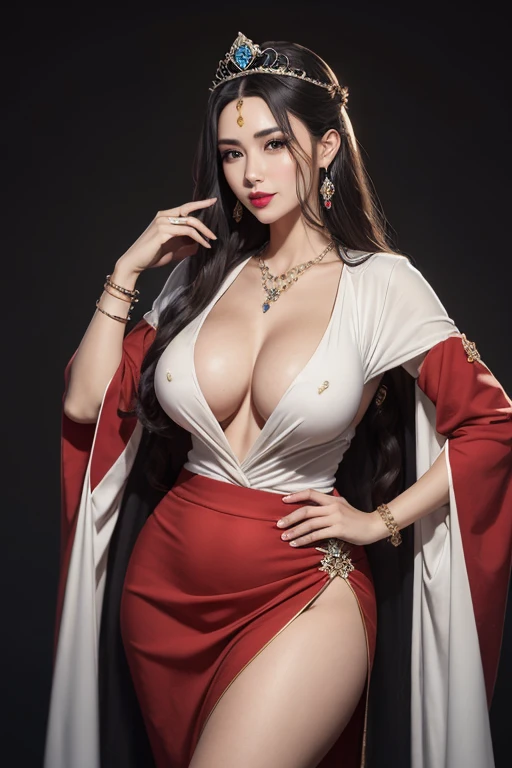 (masterpiece:0.8),best quality,
Comprehensive comparison,gongbi painting,1 girl,solitary,bead寶,Hand fan,red Lips,Chinese clothes,Black Hair,Simple background,looking at the audience,earrings,Keep fan,red skirt,Hair accessories,Keep,Smile,Lipstick,红nail,cosmetic,ring,tassel,Long sleeve,necklace,skirt,have,bead,nail油,shut up,black eyes,Everlasting,Paper fan,bracelet,long hair,Weaving,gem,flower,Wide sleeves,Brown eyes,Lips,Black tiara,robe,Book,Forehead Mark,Hair Bun,Hairpin,crown,nail,mole,(Become a , (((Large Breasts))) (((A plump teardrop-shaped chest,)))Expose((Cleavage)), 、Thick thighs, Wide hips, Curvy beauty, Perfect body)