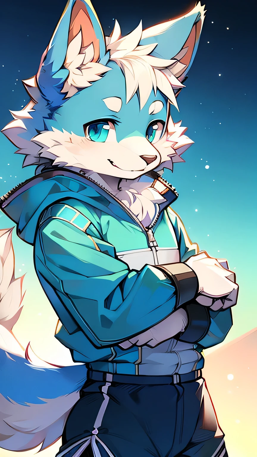 Rystal,Star Fox,male,(detailed),fluffy,solo,,Photorealism,((Clear structural details)),Detailed and realistic,Delicate eyes,(turquoise pupils),((Silvery white glowing eyes)),Smile,Smile,slim,soft,4K,high quality,High detail two ears,Sports shorts,Facing you