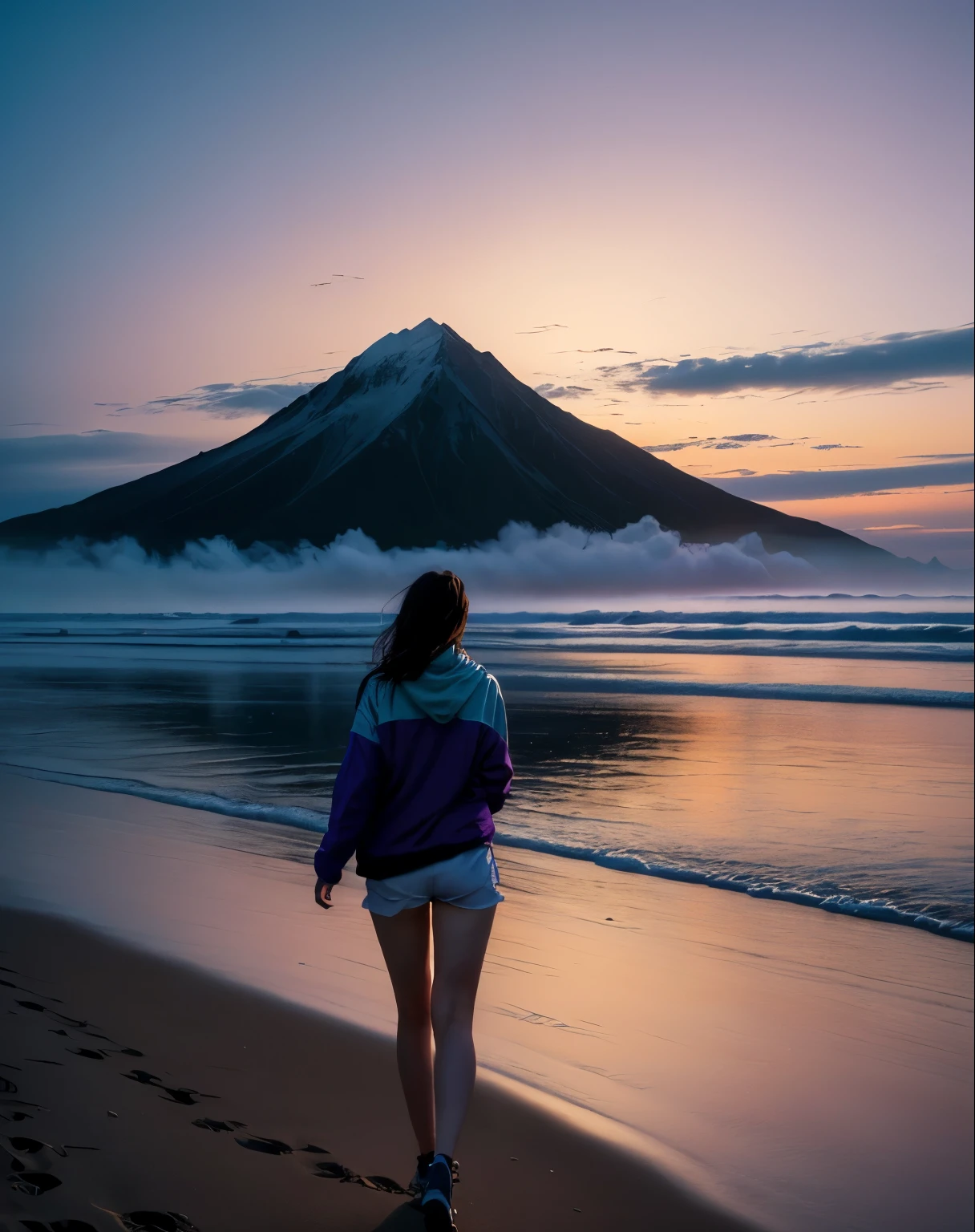 /I a misty, foggy beach at dusk with the silhouette of an sexy girl walking along it in front and on top is a mountain that looks like feminine shape, light pink blue purple sky, wet sand, dark, moody, film grain, vintage, glitch art --ar 35:44 --sref 2540277310 --sw 50 --stylize 300