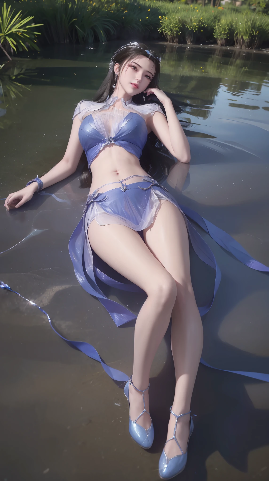 一个穿着连衣裙的女孩躺在Starry Sky下的床上,Exquisite smile,Beautiful and delicate eyes,Beautiful and delicate lips,Extremely detailed face and eyes,Long eyelashes,Full body,Flowing hair,belly button,best quality,excellent work,Super,(Reality:1.4),RAW photos,(Beautiful face:1.2),(Lying on the water:1.5),1 girl,(absurd),(8K), (4K),Octane Rendering,Starry Sky,((Full body view)),Wear crystal high heels,Cross-legged