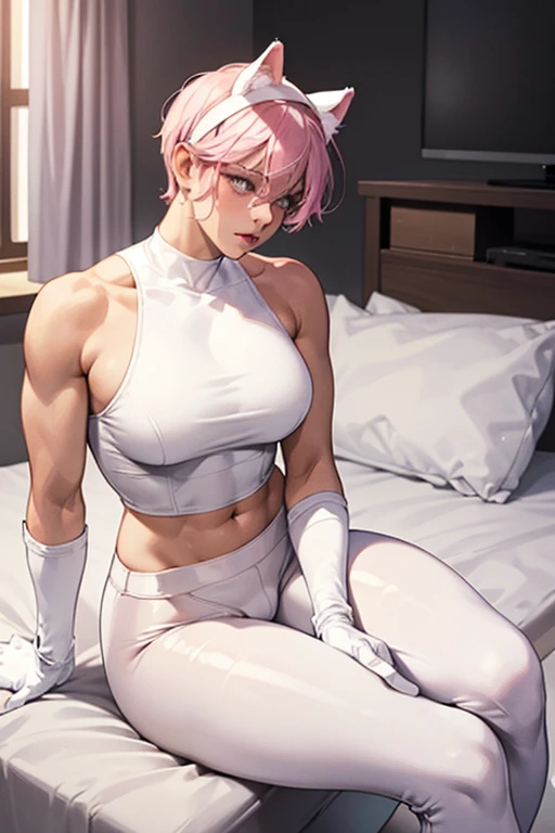 A short-haired, muscular, big-breasted, dark-skinned mature woman wearing a pink tube top, white leggings that expose her breasts, white boots, white gloves, and a cat ear headband, sitting on a bed