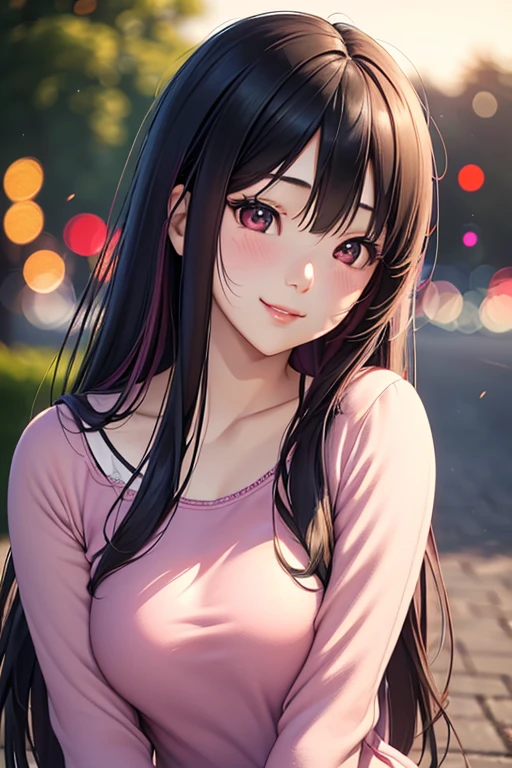 a beautiful 21 year old korean girl, long slightly waved black hair with pink highlights, rosy eyes, playful smile, anime realism style, portrait, (best quality,4k,8k,highres,masterpiece:1.2),ultra-detailed,(realistic,photorealistic,photo-realistic:1.37),HDR,vivid colors,professional,bokeh