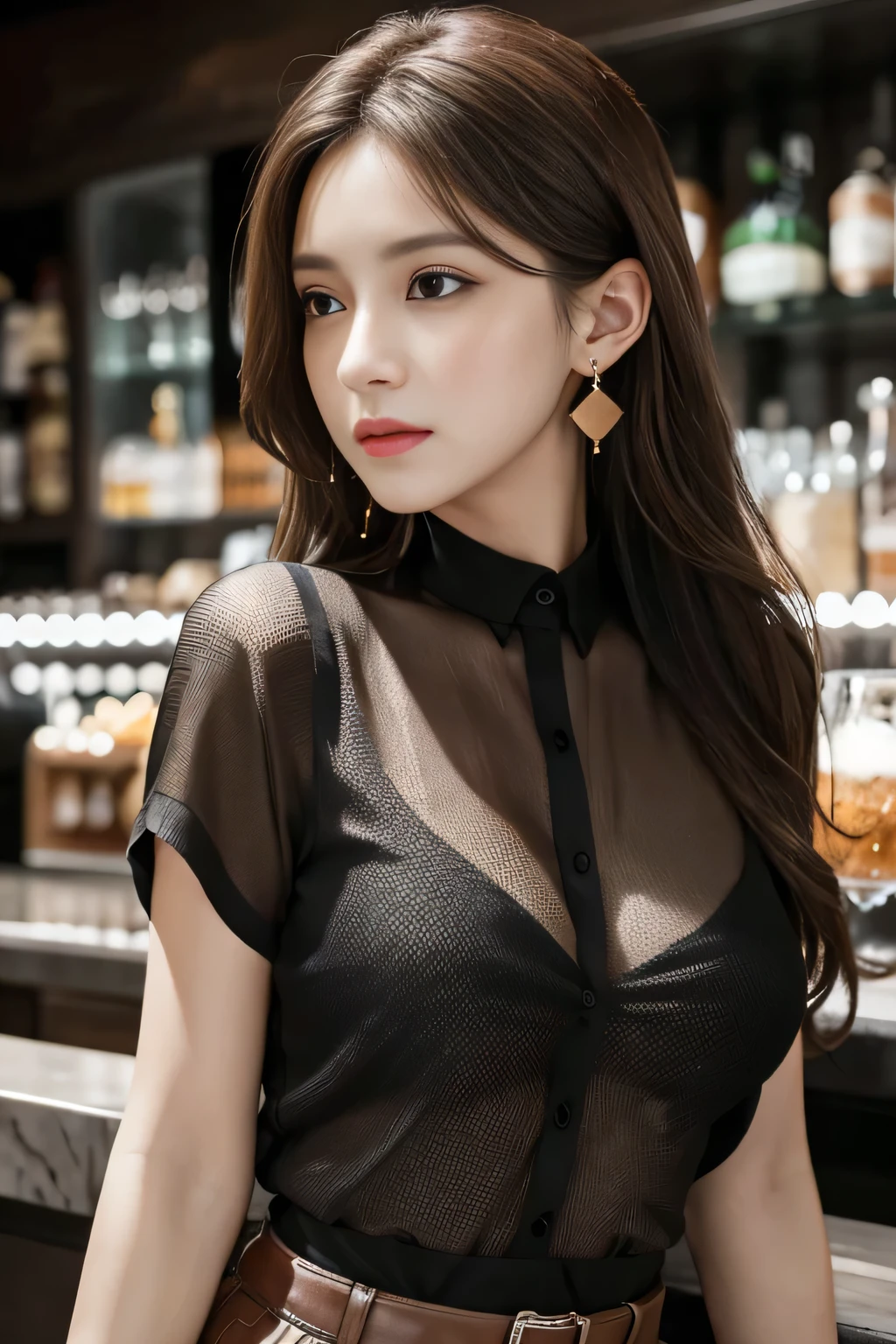 masterpiece, highest quality, Realistic, Very detailed, Finer details, High resolution, 8k wallpaper, One beautiful woman, Wear a black see-through shirt, Great bar counter, At night, Light brown messy hair, Perfect dynamic composition, Beautiful and beautiful eyes、Big earrings、
