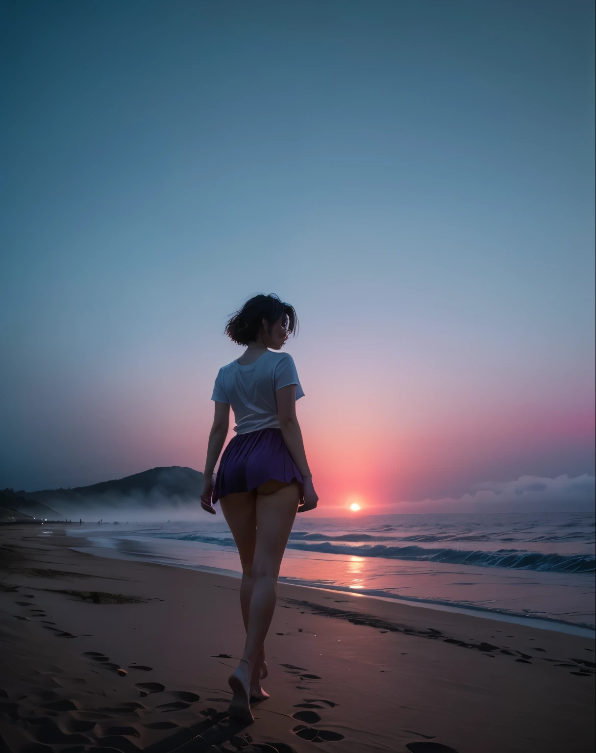 /I a misty, foggy beach at dusk with the silhouette of an sexy girl walking along it in front and on top is a mountain that looks like feminine shape, light pink blue purple sky, wet sand, dark, moody, film grain, vintage, glitch art --ar 35:44 --sref 2540277310 --sw 50 --stylize 300