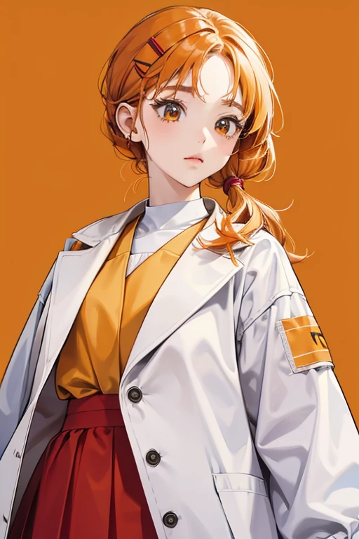 She has a yellow face with Kuchipatchi-like mouth and eyes. She has dark hair tied with an orange hair clip, and she wears a white coat with a red skirt. She has a yellow face with Kuchipatchi-like mouth and eyes. She has dark hair tied with an orange hair clip, and she wears a white coat with a red skirt.