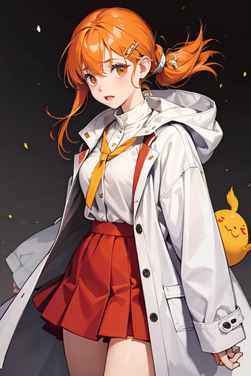 She has a yellow face with Kuchipatchi-like mouth and eyes. She has dark hair tied with an orange hair clip, and she wears a white coat with a red skirt. She has a yellow face with Kuchipatchi-like mouth and eyes. She has dark hair tied with an orange hair clip, and she wears a white coat with a red skirt.