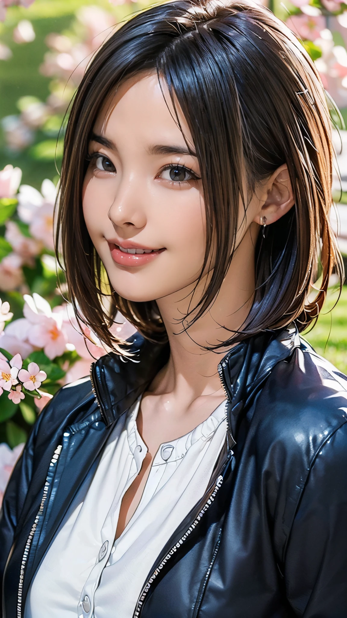 (((masterpiece:1.5),(highest quality:1.5),(Very detailed:1.5),(High resolution:1.5),(Realistic:1.5),(Photorealistic:1.5),(Delicate depiction),(Gentle colors))),8k,wallpaper,BREAK,1 girl,New female employee,(Face close-up:1.5),(front),Japanese,Short Bob,(Black Hair),(Beautiful Hair:1.5),(Shiny Hair:1.3),(Detailed hair drawing:1.2),(Peering in:1.5),(Fine skin:1.5),(Shiny skin:1.3),(Beautiful Face:1.5),(Cute Face:1.5),(smile:1.5),(Smiling with mouth closed:1.5),(Beautiful Teeth),((Wearing a stylish jacket:1.5)),((Wearing a cute shirt:1,5)),(Vivid clothing drawings),(Spring background:1.5),(((Blur the background:1.5)))