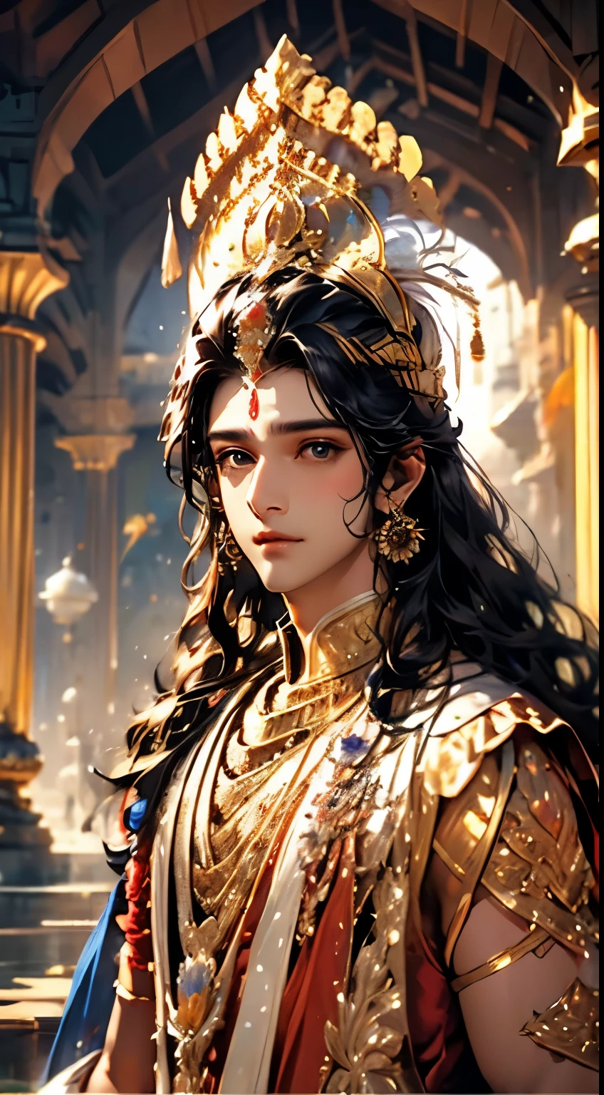 beautiful elegant man, Lord Krishna, photorealistic, 8k, hyperdetailed, masterpiece, fantasy art, dreamlike background, 1 adult male, clean detailed face, beautiful warm brown eyes, shiny black hair, lovely yellow dress with intricate embroidery, peacock feathers, luxurious jewelry, mesmerizing detailed art, closeup shot