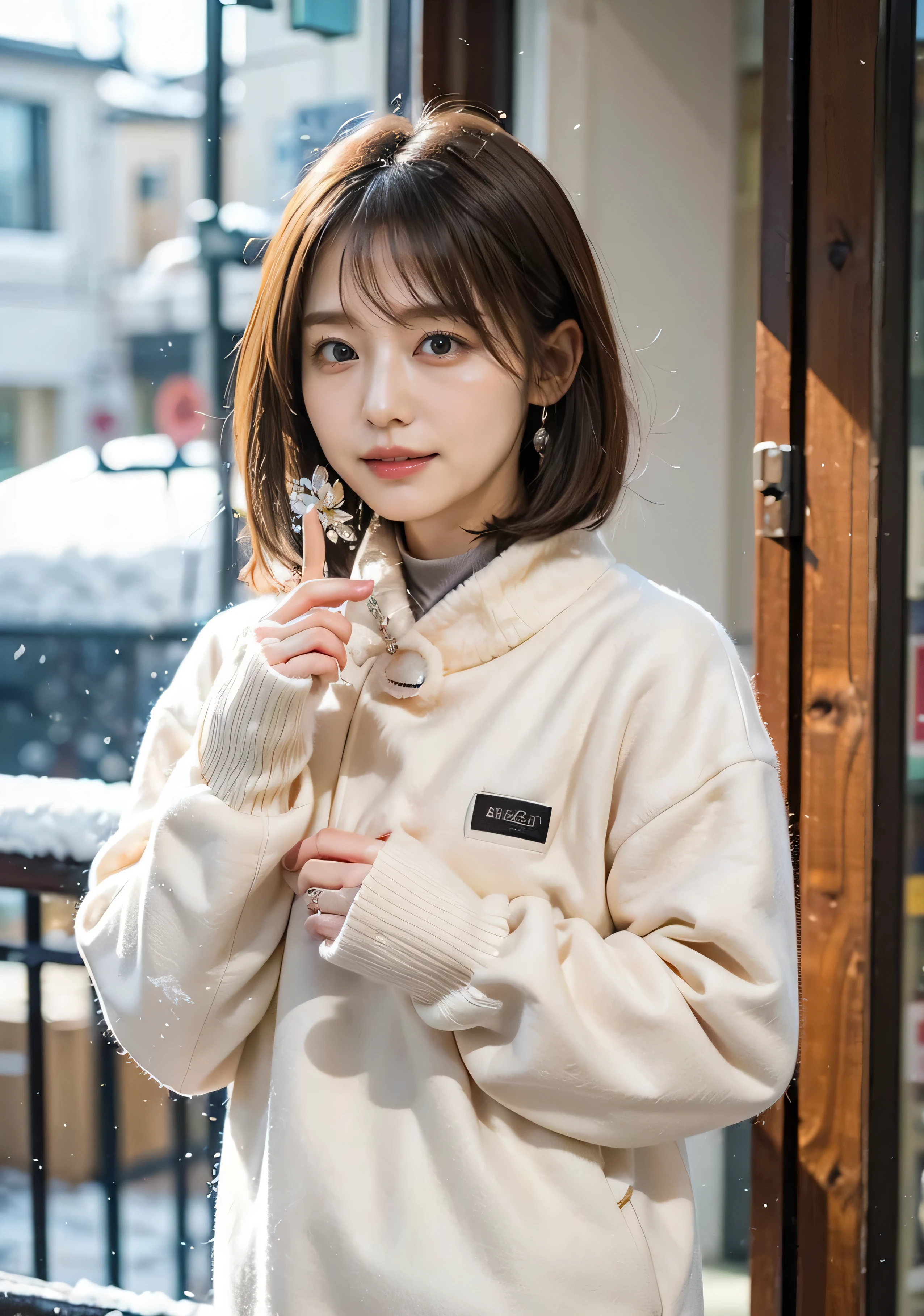 It's snowing、It's snowing、((Luxurious fur coat))、A luxurious grey mink coat with fur、Wearing leather boots、A luxurious bag、The inner turtleneck、Silver necklace and small silver earringillionaire Style:1.4))、Full body photo、smile、 Caustics、Highly detailed photos、Very beautiful woman 、Ample breasts、No makeup、(8k、RAW Photos、highest quality、masterpiece:1.2)、(Realistic、Realistic)、1 girl、((Medium Short Hair、Midwinter、Cold It's snowing、The wind is blowing、Fluttering Hair、Background Bokashi、Colorful illumination、Looking into the camera:1.4))、