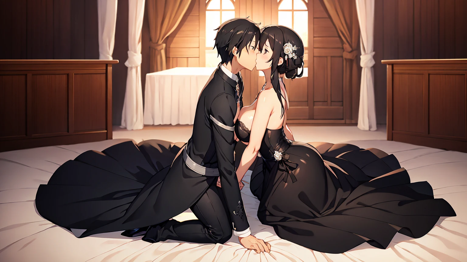 Kirito and Asuna blush black Wedding dress Feminine wedding hall two people kiss big breasts breast enlargement full-body shot
