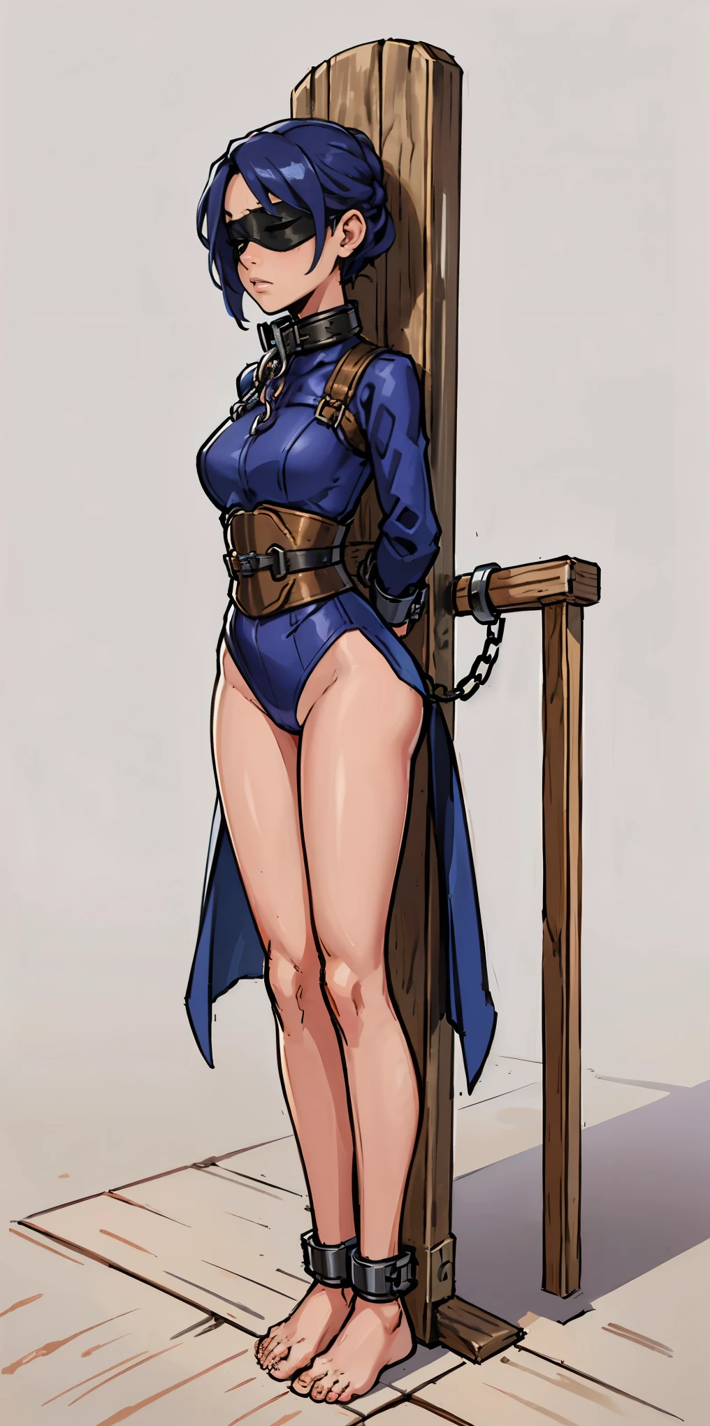(Masterpiece, best quality, intricate details, 1sologirl, plain background:1.2) iron collar, arms behind back, iron cuffs, ????????, bound ((standing by wooden pole:1.2)) ((phSaber)) blindfolded barefeet chain