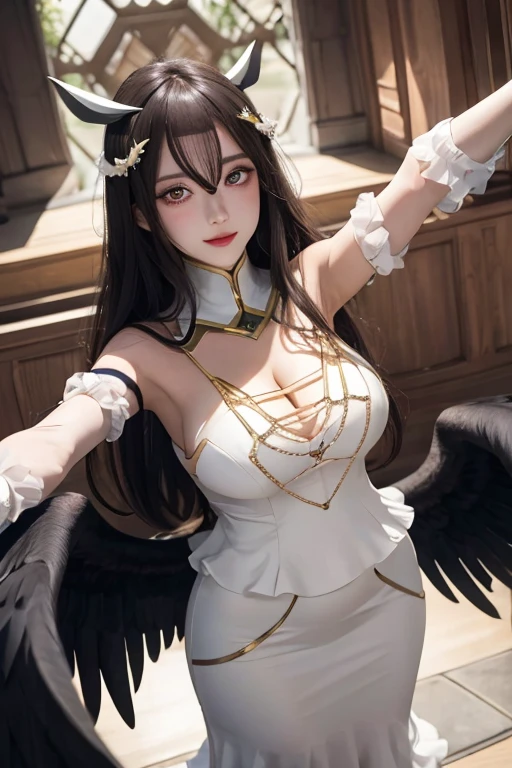 masterpiece, best quality, High resolution, All 1, (((Large Breasts))) (((A plump teardrop-shaped chest,)))Expose((Cleavage)), devil horns, Slit pupil, White gloves, White Dress, Bare shoulders, Separate collar, cleveage, Black Wings, wing, Low Wing, Cowboy shooting, permanent, Dungeons, Evil smile, Lend a helping hand, Open your arms, Stretch out your arms, Albedo Overlord