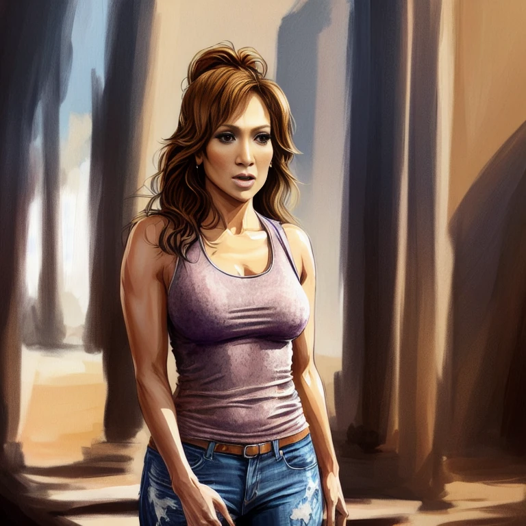 form fitting outfit,a (full height:1.4) digital painting of Jennifer Lopez, looking at the camera, tight tank top, outside stage, singing, cinematic lighting, epic, inspiring, hdr, highly detailed, cinematic composition, i 