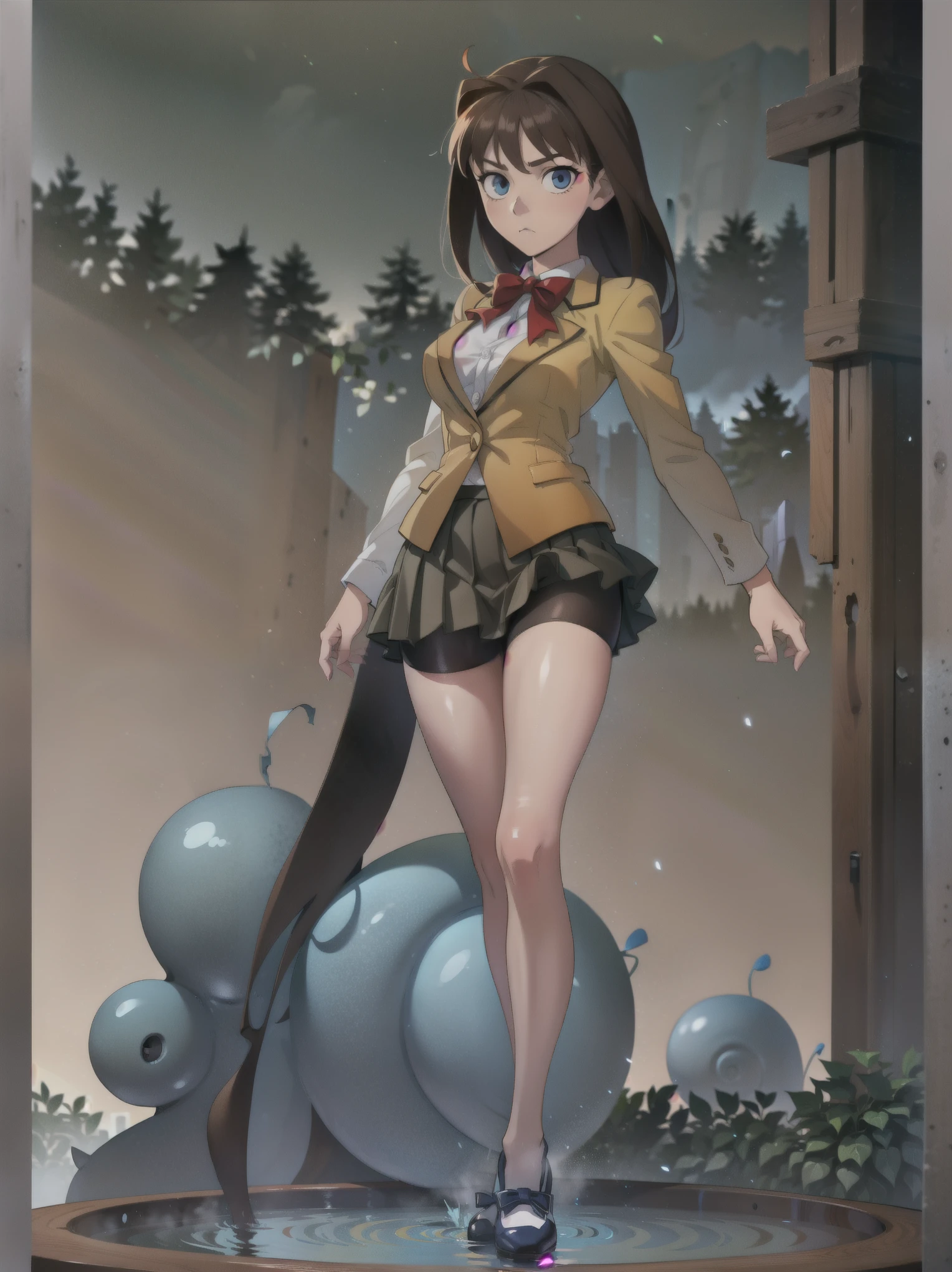 BREAK, centered, BREAK, (EMPTY BACKGROUND), BREAK, (masterpiece), best quality, highest resolution, 8k, illustration, (beautiful detailed eyes:1.5), extremely detailed face, extremely detailed body, CG, perfect hands, perfect anatomy, ((1girl)), ((solo)), (((bbaoko))), ((2 legs max)), ((2 feet max:1.5)), ((swirling vortex shaped longest brown hair:1.5)), (brown longest hair with slightly reddish undertone:1.6), (lush luscious longest brown hair:1.6), (very long voluminous longest brown hair:1.5), serious, blue eyes, red bowtie, (Form-fitting beige blazer:1.5), brown jacket, (highly detailed beautiful face:1.2), (white shirt:1), (well shaped large breasts:1.6), (nice hips:1), pretty legs, ((Umber pleated skirt:1.6)), ((bkshrtus:1.5)), (toned visible skin thighs:1.6), ((bkshrtus:1.5)), (strap shoes brown color), (facing front:1.5), ((standing straight:1.5)), ((Fullbody in frame:1.5)), ((Full body:1.5)), (takeuchi takashi:1.3)