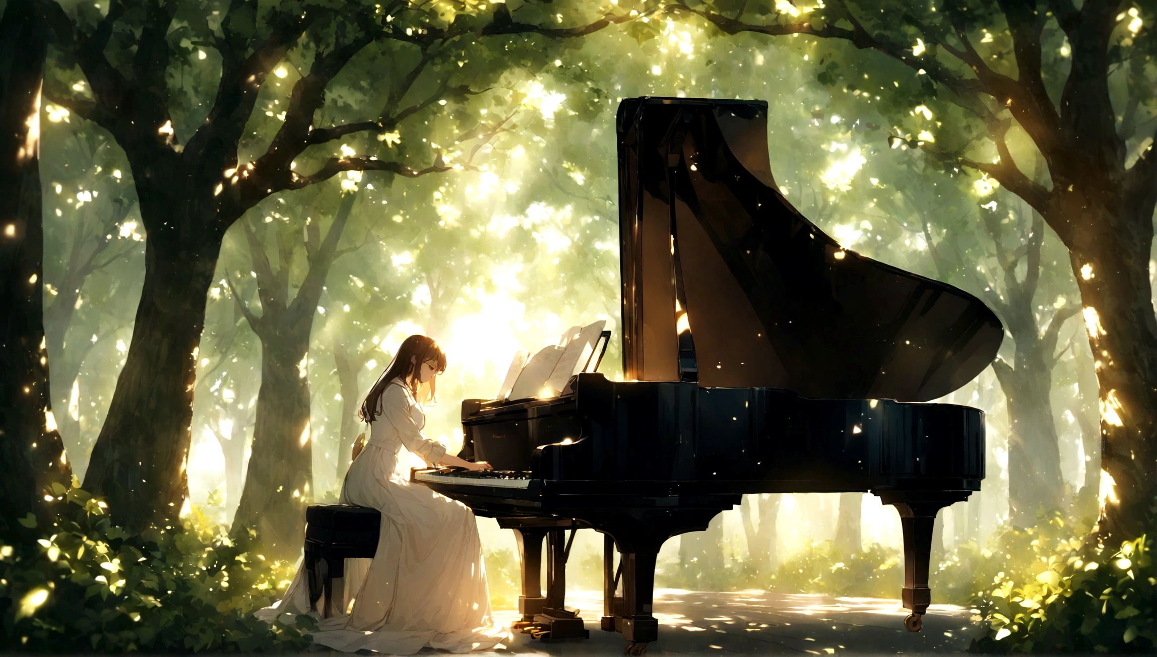 1A grand piano placed under a large book tree、The sunlight filtering through the trees makes it sparkle.
