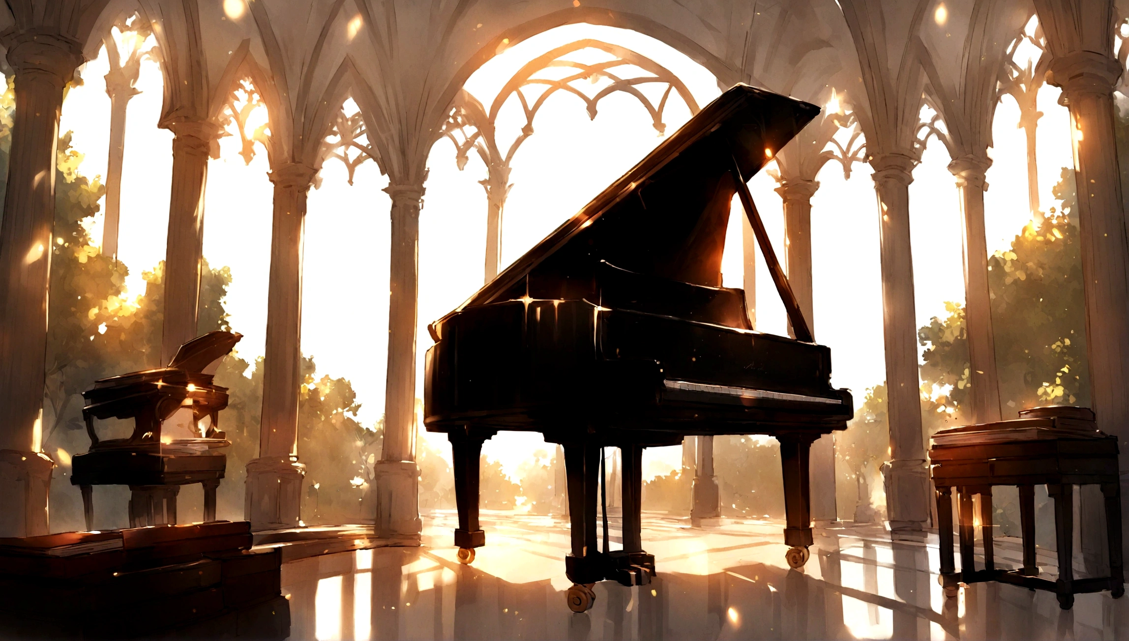 1A grand piano placed under a large book tree、The sunlight filtering through the trees makes it sparkle.