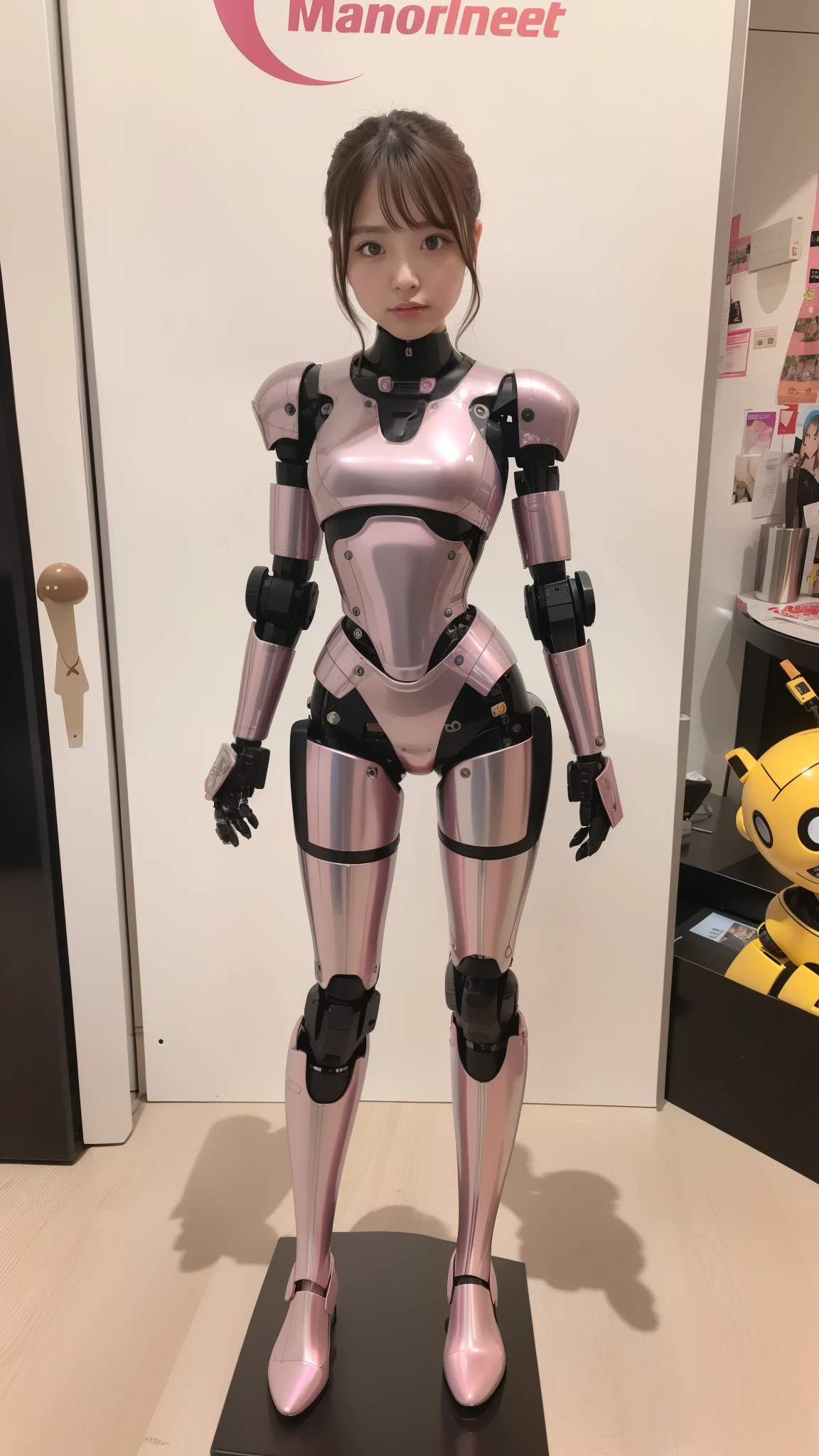 Robot Girl, pink there, Silver, Metallic body, Robot Parts, Metal Parts, Super Detailed Face, Super well-formed face, of the highest quality, a small face, a small head, Brown hair, Slender body, Camera gaze, Internal Mechanical Exposure, Idol, front facing, Well-proportioned body, sale, Exhibited, Event Hall, Moe Pose, pink metallic ta dress machine armor, Standing with legs open, Model body type, sad, Embarrassing,(Perfect Robot Girl),(Perfect machine body)