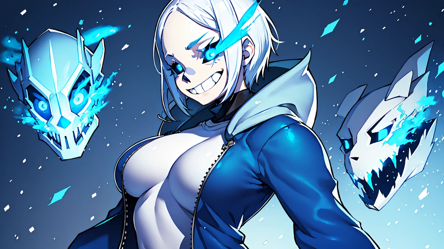 Sans blue jacket black shirt fire eyes skull smile long eyelashes white short hair glowing face blue keel cannon one standing in the snow town Femininefull big breast breast enlargement full-body shot