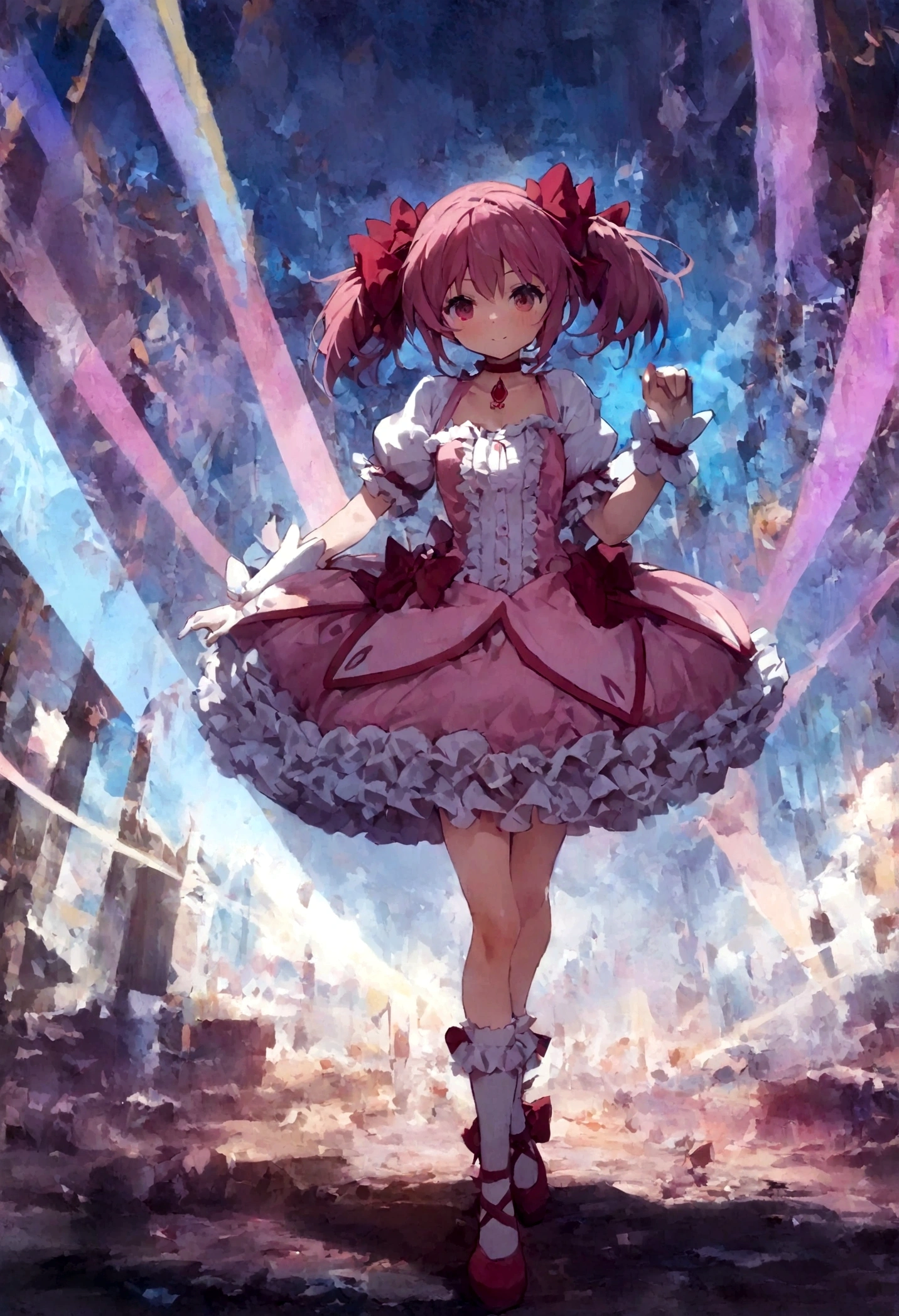 kaname_madoka\(Puella Magi Madoka Magica,magical girl style,pink twin tails hair,pink bows,open shoulder dress with frill,backward ribbon at neck,white grove,red juwel at middle of clavicle\) is standing with confused face in the center lost her way, showing full body to viewer, BREAK ,geometric and chaotic background with messy chaotic gothic shadow puppet castles,(in a very psychedelic nightmare), BREAK ,quality\(8k,wallpaper of extremely detailed CG unit, ​masterpiece,hight resolution,top-quality,top-quality real texture skin,hyper realisitic,increase the resolution,RAW photos,best qualtiy,highly detailed,the wallpaper,cinematic lighting,ray trace,golden ratio\),(long shot),wide shot,landscape,blured background,(art by Maurits Escher:1.3)