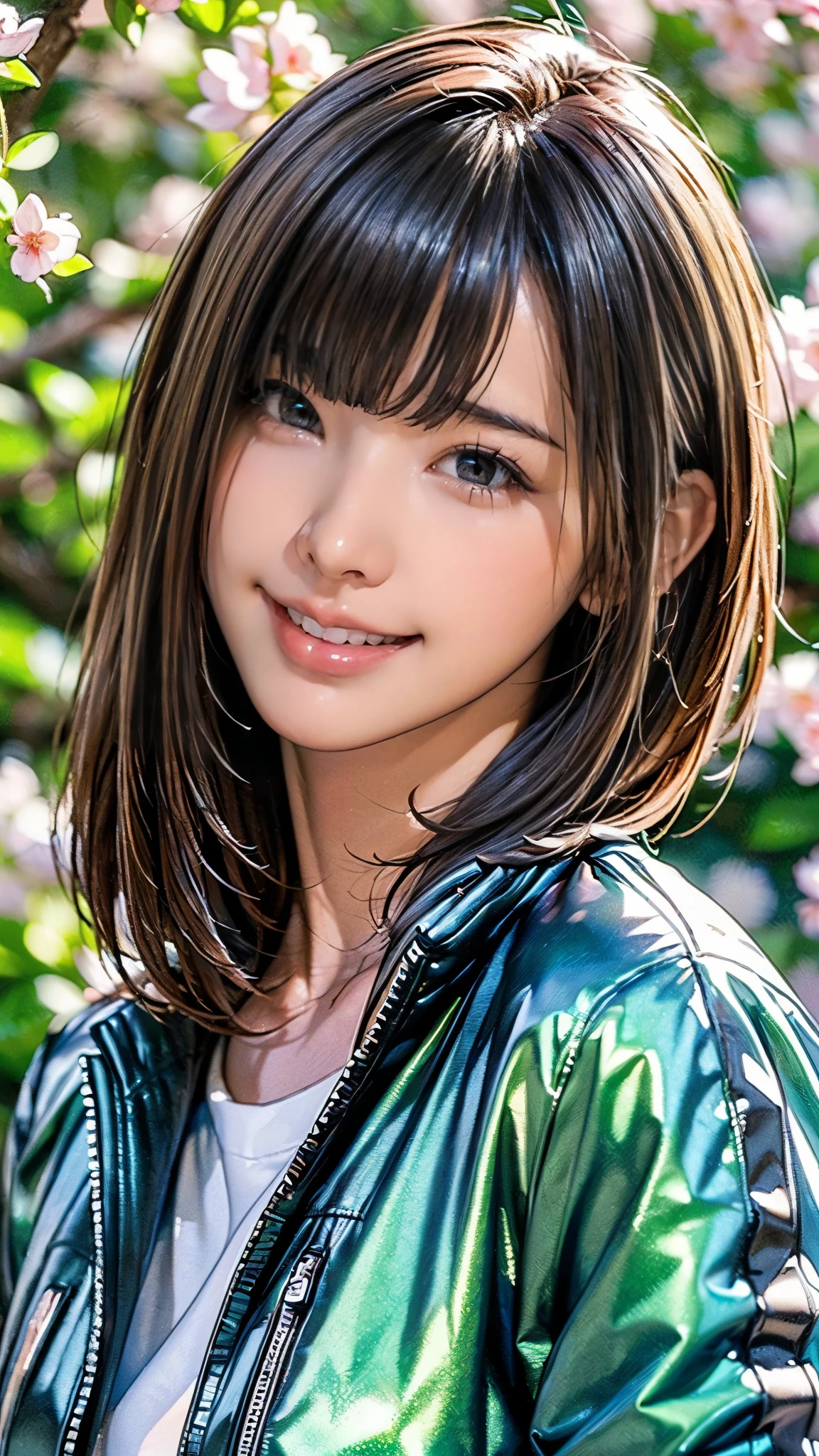 (((masterpiece:1.5),(highest quality:1.5),(Very detailed:1.5),(High resolution:1.5),(Realistic:1.5),(Photorealistic:1.5),(Delicate depiction),(Gentle colors))),8k,wallpaper,BREAK,1 girl,New female employee,(Face close-up:1.5),(front),Japanese,Short Bob,(Black Hair),(Beautiful Hair:1.5),(Shiny Hair:1.3),(Detailed hair drawing:1.2),(Peering in:1.5),(Fine skin:1.5),(Shiny skin:1.3),(Beautiful Face:1.5),(Cute Face:1.5),(smile:1.5),(Smiling with mouth closed:1.5),(Beautiful Teeth),((Wearing a stylish jacket:1.5)),((Wearing a cute shirt:1,5)),(Vivid clothing drawings),(Spring background:1.5),(((Blur the background:1.5)))