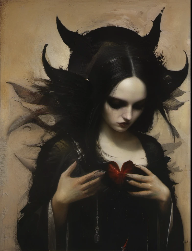 James Gurney, Surrealist art , dream-like, Mysterious, Provocative, symbolic, Complex, detailed,, (Gothic but very beautiful:1.4), (masterpiece, highest quality:1.4) , Nicola Samori Style, a  beautiful female demon