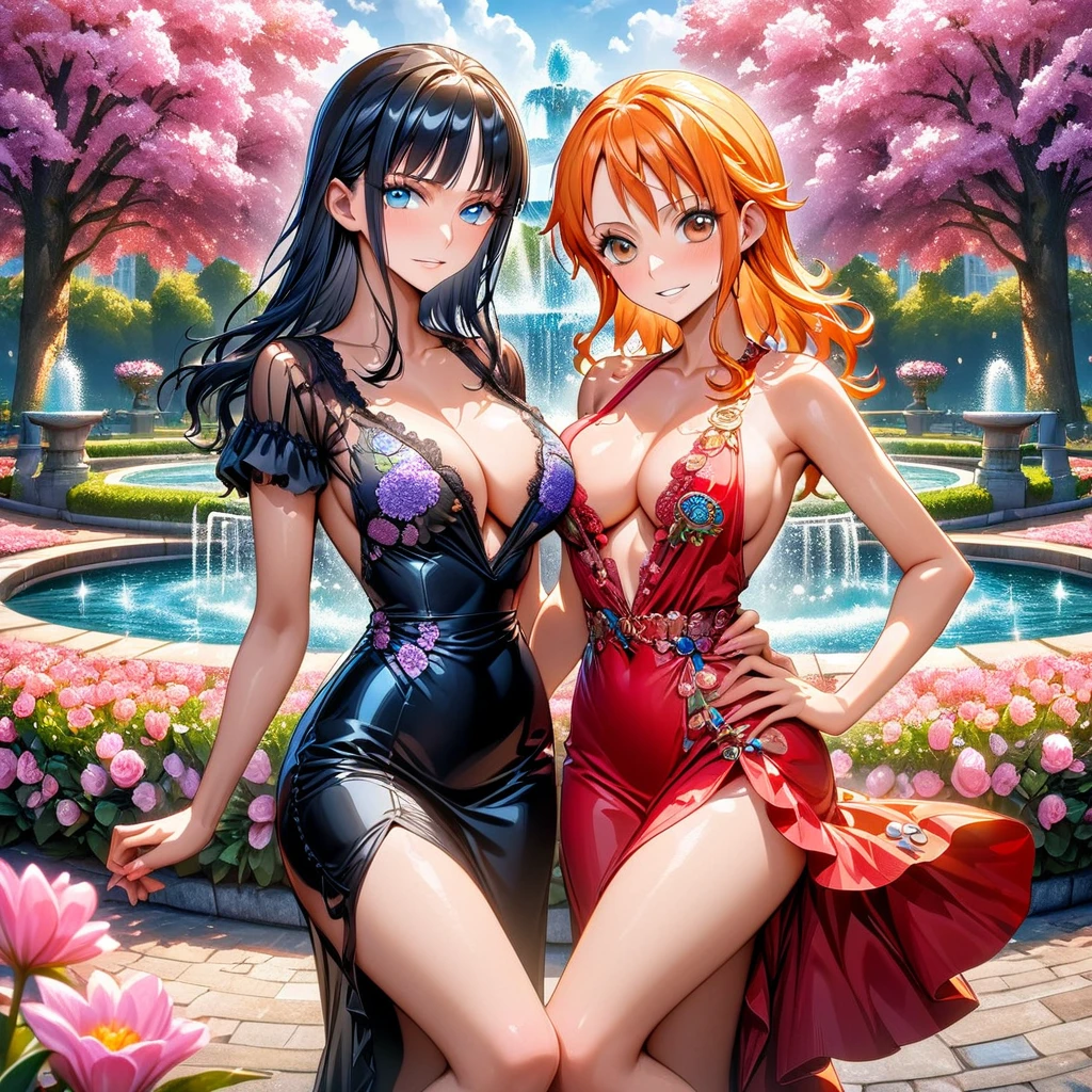 absurdres, highres, ultra detailed, HDR, master piece, best quality, Nico Robin, black hair, expressive blue eyes, One Piece, Nami, orange hair, expressive brown eyes, two beautiful women together, pretty, red dress, black dress, park, fountain, pink flowers, pink trees