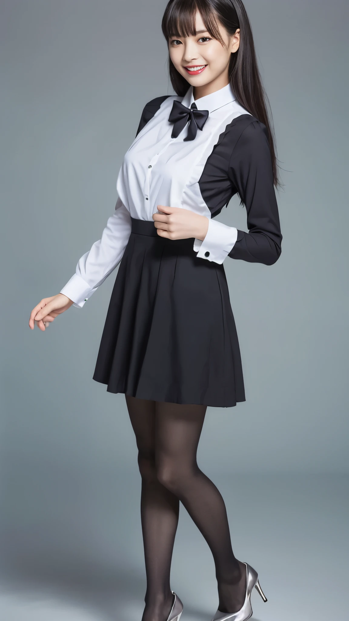 Bunny girl in maid clothes:1.5，Wearing black tights:1.5，The best smile:1.5，Full Body Shot:1.5，Gray background:1.5，Wearing black high heels:1.5，Fluttering mini skirt:1.5