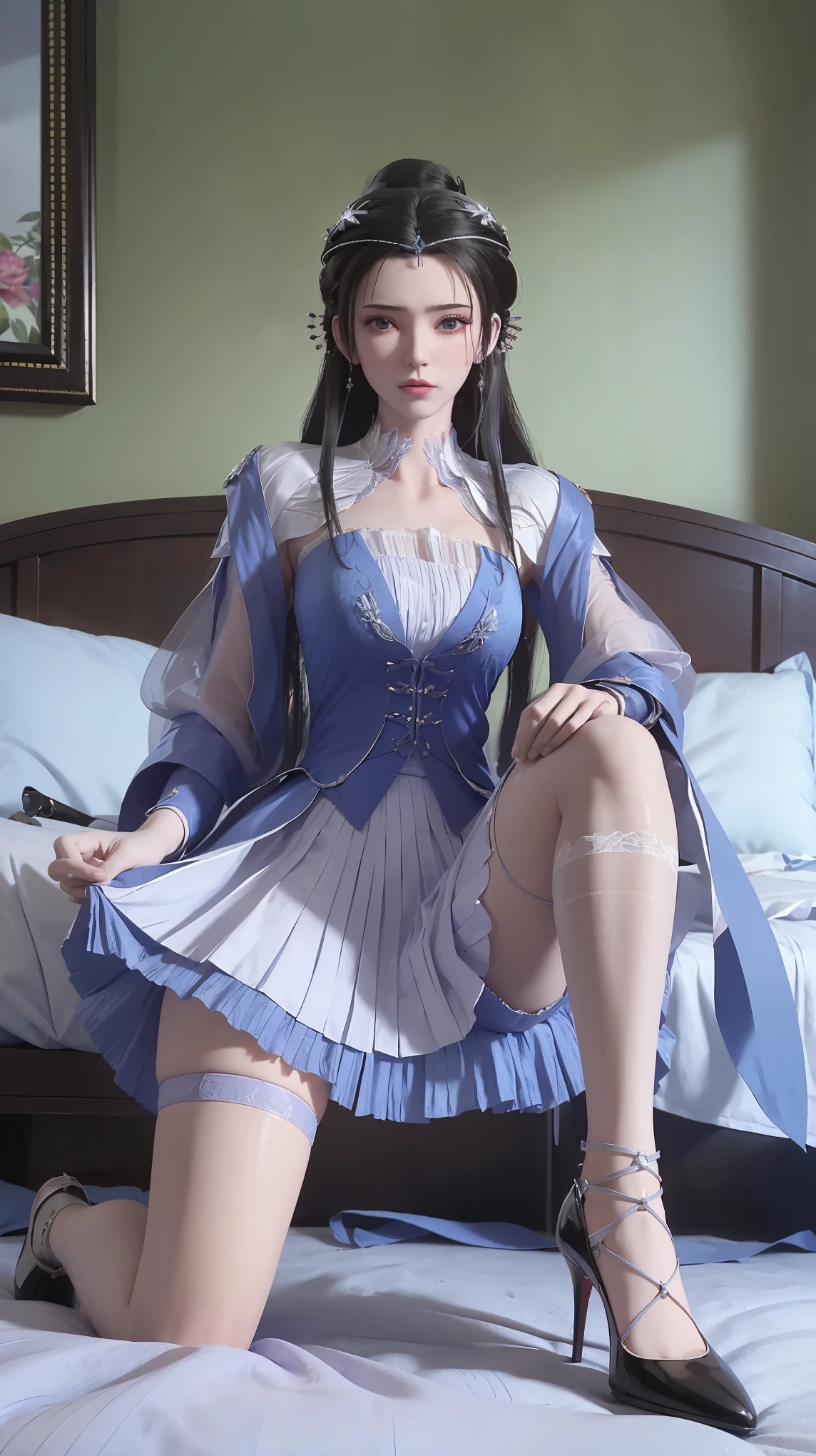 best quality，masterpiece，The Ultimate Solution，Fluffy，Extremely colorful，Mature beautiful woman，（Dress school uniform），Lace skirt，（Beautiful woman beheaded），Normal posture，（Kneeling），Kneeling on the bed，shackles，Beheading，collar，White stockings ，High heel，Normal posture