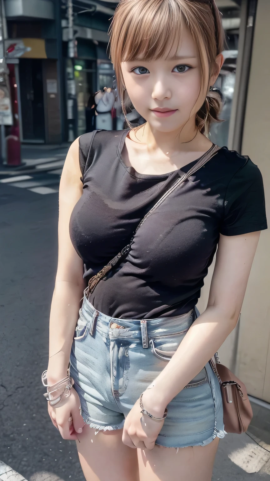 (Woman standing on Tokyo street:1.4)、(Realistic、Like a photograph、Live Action、8k, Realistic, RAW Photos, Best image quality: 1.4), Single-lens reflex camera、RAW Photos, highest quality, Realistic, Very detailed CG Unity 8k wallpaper, Written boundary depth, Cinematic Light, Lens flare, Ray Tracing, Realistic background、(paisla:1.5、A tight fitting black t-shirt:1.4、Shorts:1.4、(Small breasts:0.5))、((Silver Inner Color Hair:1.1))、 1 female,Cute Japanese Girl、((whole body:1.5))、Medium Hair:1.2、Short Ponytail、I like that style、stylish、Very detailed、Pay attention to the details、Perfect outfit、(White skin)、Beautiful feet:1.1、View from the front、Accurate Arm、Meet on a street corner