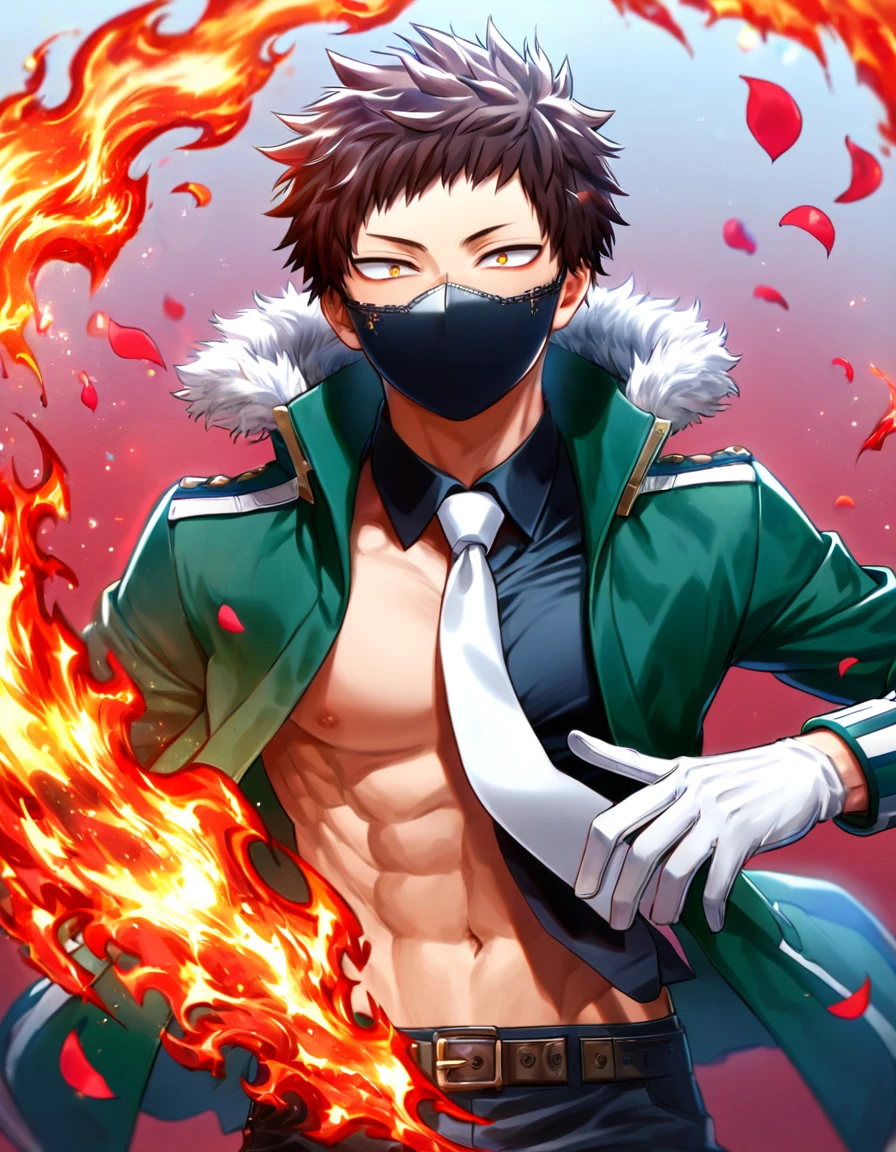 Ultra detailed, Highres, absurdres, HDR, Chisaki Kai, Overhaul, dark brown hair, short hair, short bangs, expressive golden eyes, Boku No Hero Academia, red flowers, petals, handsome, sexy man, solo, very detailed eyes and face, glittering, master piece, toned chest, fantasy, cross, best quality, dark oliver-green jacket with fur, white necktie, black shirt, white gloves, red background, fire, black pants, black face mask