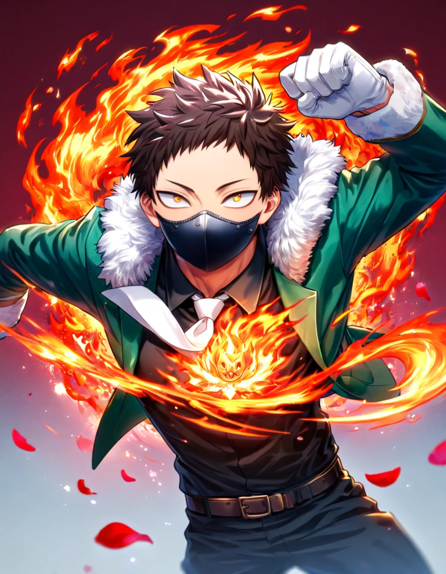 Ultra detailed, Highres, absurdres, HDR, Chisaki Kai, Overhaul, dark brown hair, short hair, short bangs, expressive golden eyes, Boku No Hero Academia, red flowers, petals, handsome, sexy man, solo, very detailed eyes and face, glittering, master piece, toned chest, fantasy, cross, best quality, dark oliver-green jacket with fur, white necktie, black shirt, white gloves, red background, fire, black pants, black face mask