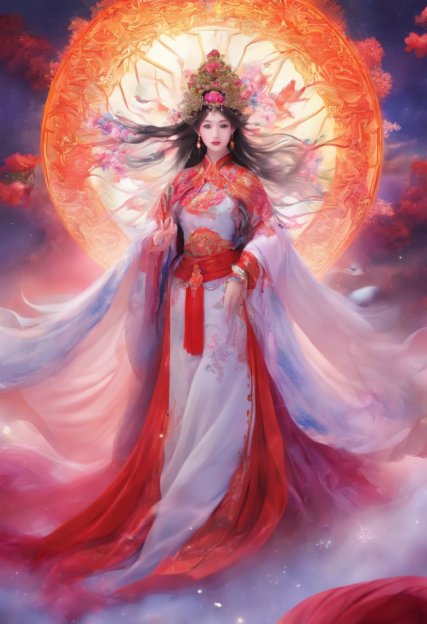 ((Best Quality, Masterpiece Detailed Eyes, Sharp Focus, Vibrant Colors, Extreme Details)), Upper Body, Oriental, Chinese Style (Medusa). Image (Queen), Expression (Cold), 8K,, Chinese fantasy costume (oriental white long skirt), shawl, waist ribbon, headdress (ring), snow mountain (mountain), snow, standing, evening,