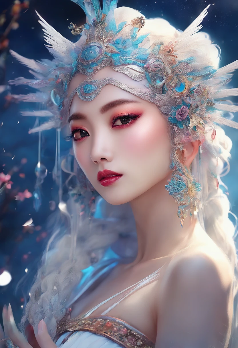 ((Best Quality, Masterpiece Detailed Eyes, Sharp Focus, Vibrant Colors, Extreme Details)), Upper Body, Oriental, Chinese Style (Medusa). Image (Queen), Expression (Cold), 8K,, Chinese fantasy costume (oriental white long skirt), shawl, waist ribbon, headdress (ring), snow mountain (mountain), snow, standing, evening,