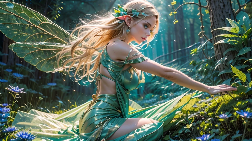 Beautiful faerie woman, elf ear, flying, centered holographic dragonfly wings, glowing blue eyes, detailed proportional hand, proportional body, firm breast, silk tutu, frank Frazzetta painting style, (Best Quality:1.4), (Ultra-detailed), (extremely detailed CG unified 8k wallpaper), Highly detailed, RAW Photos, Professional Photography, plein air, Illumination, (Super fancy photos:1.4), (Dazzling light), Radiant Photography, depth of fields