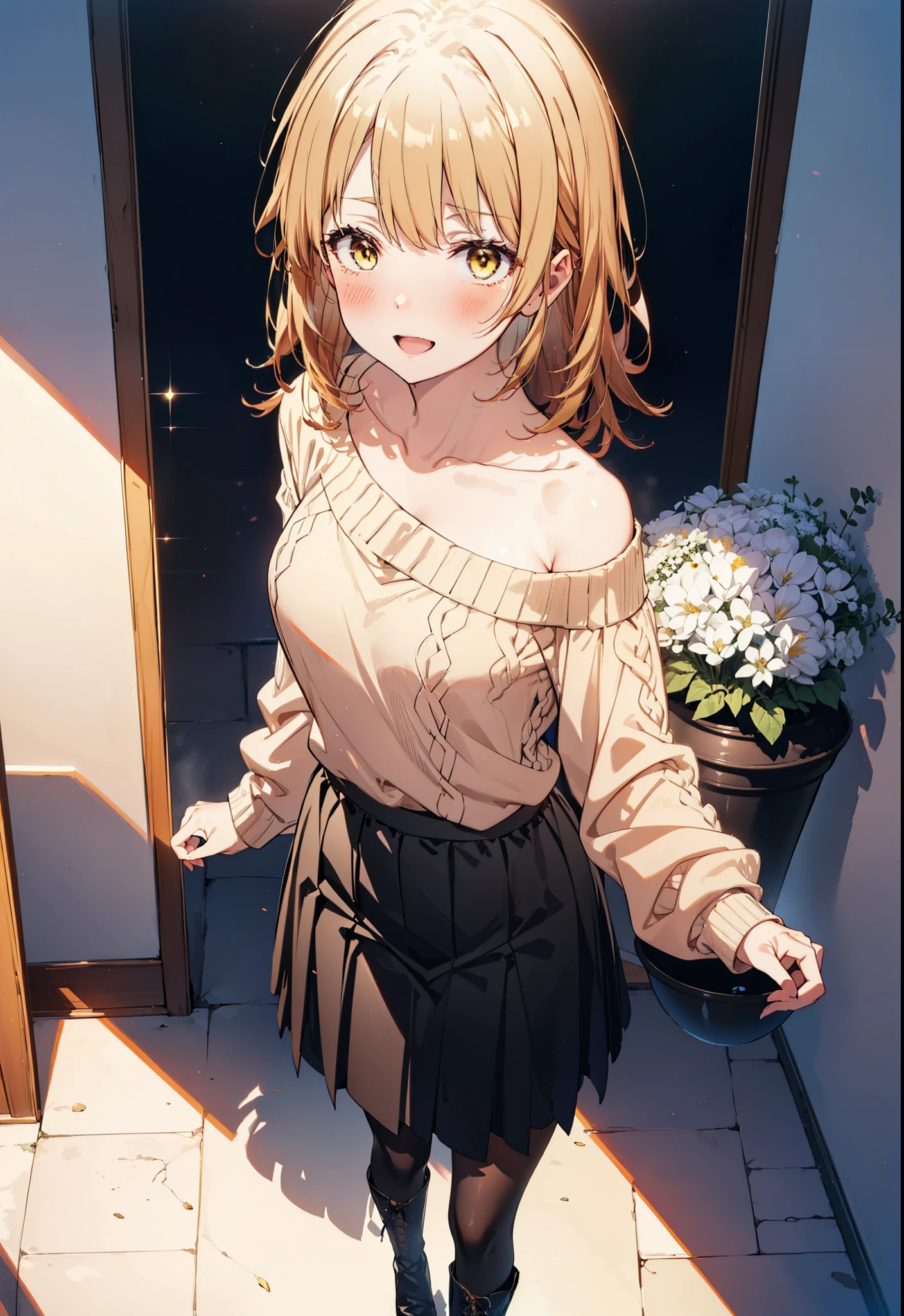 irohaisshiki, iroha isshiki, Long Hair, Brown Hair, (Brown eyes:1.5), happy smile, smile, Open your mouth,Yellow one-shoulder sweater,Black long skirt,Black Pantyhose,short boots,morning,morning陽,The sun is rising,whole bodyがイラストに入るように,walk,Building district,
break outdoors, balcony,Balcony, terrace, balcony, Embankment, Huge, Potted plants, Flowers in a vase,
break looking at viewer,whole body,
break (masterpiece:1.2), highest quality, High resolution, unity 8k wallpaper, (shape:0.8), (Beautiful details:1.6), Highly detailed face, Perfect lighting, Extremely detailed CG, (Perfect hands, Perfect Anatomy),