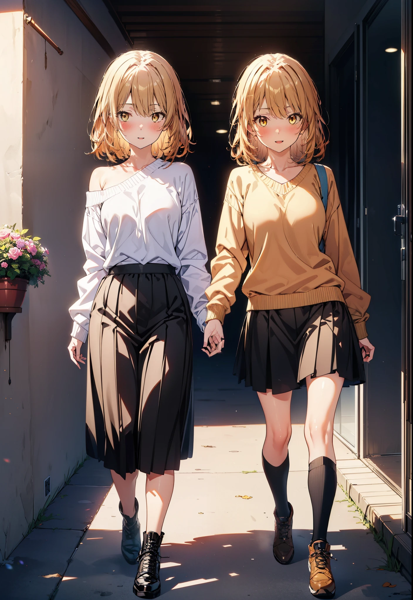 irohaisshiki, iroha isshiki, Long Hair, Brown Hair, (Brown eyes:1.5), happy smile, smile, Open your mouth,Yellow one-shoulder sweater,Black long skirt,Black Pantyhose,short boots,morning,morning陽,The sun is rising,whole bodyがイラストに入るように,walk,Building district,
break outdoors, balcony,Balcony, terrace, balcony, Embankment, Huge, Potted plants, Flowers in a vase,
break looking at viewer,whole body,
break (masterpiece:1.2), highest quality, High resolution, unity 8k wallpaper, (shape:0.8), (Beautiful details:1.6), Highly detailed face, Perfect lighting, Extremely detailed CG, (Perfect hands, Perfect Anatomy),