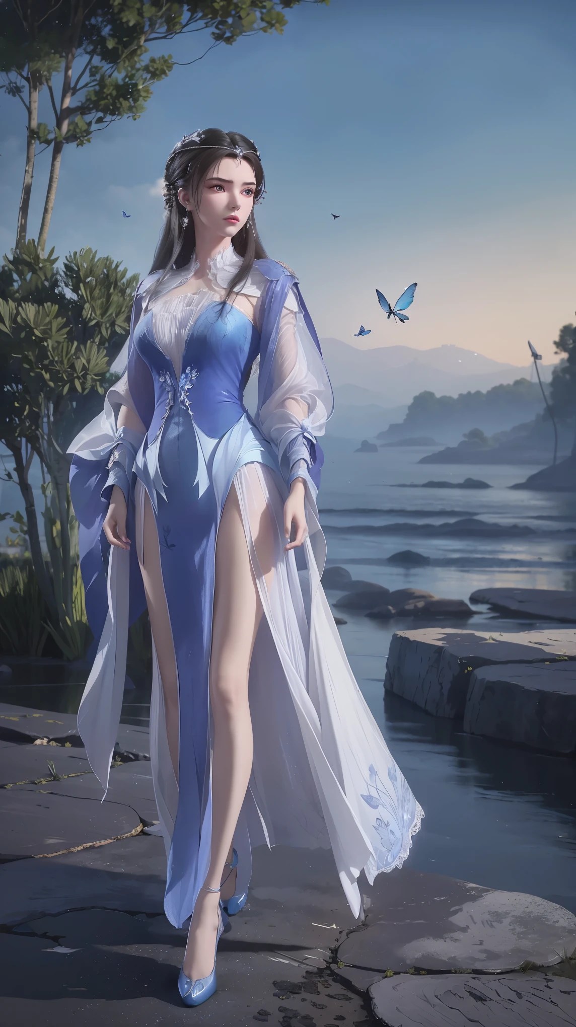 (masterpiece:1.2), best quality, (illustration:1.2), (Super detailed), Super detailed, (Delicate and meticulous), (Intricate details), (light, best quality Backlights), Delete row, soloist, Perfect body, (1 girl), Charming and peaceful girl,Has long flowing hair, Flowing silk hooded robe,With lace decoration, Walking on the calm ocean,Blue butterflies flutter around her,She traveled under a lunar eclipse, Watercolor splash, (cosmetics), High contrast, (Better lighting, An extremely creative and beautiful), (light), Gorgeous,Full body view,Full body photography