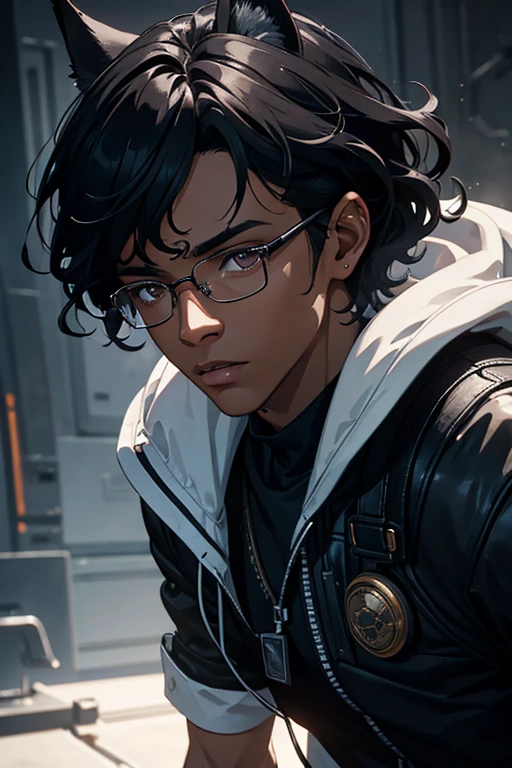 a teenage boy with dark skin, curly black hair, wearing glasses and a lab coat, with fox ears, (best quality,4k,8k,highres,masterpiece:1.2),ultra-detailed,(realistic,photorealistic,photo-realistic:1.37),detailed face, detailed eyes, detailed lips, detailed nose, extremely detailed facial features, highly detailed and intricate, cinematic lighting, dramatic lighting, moody lighting, cinematic composition, dramatic composition, moody atmosphere, science fiction, concept art