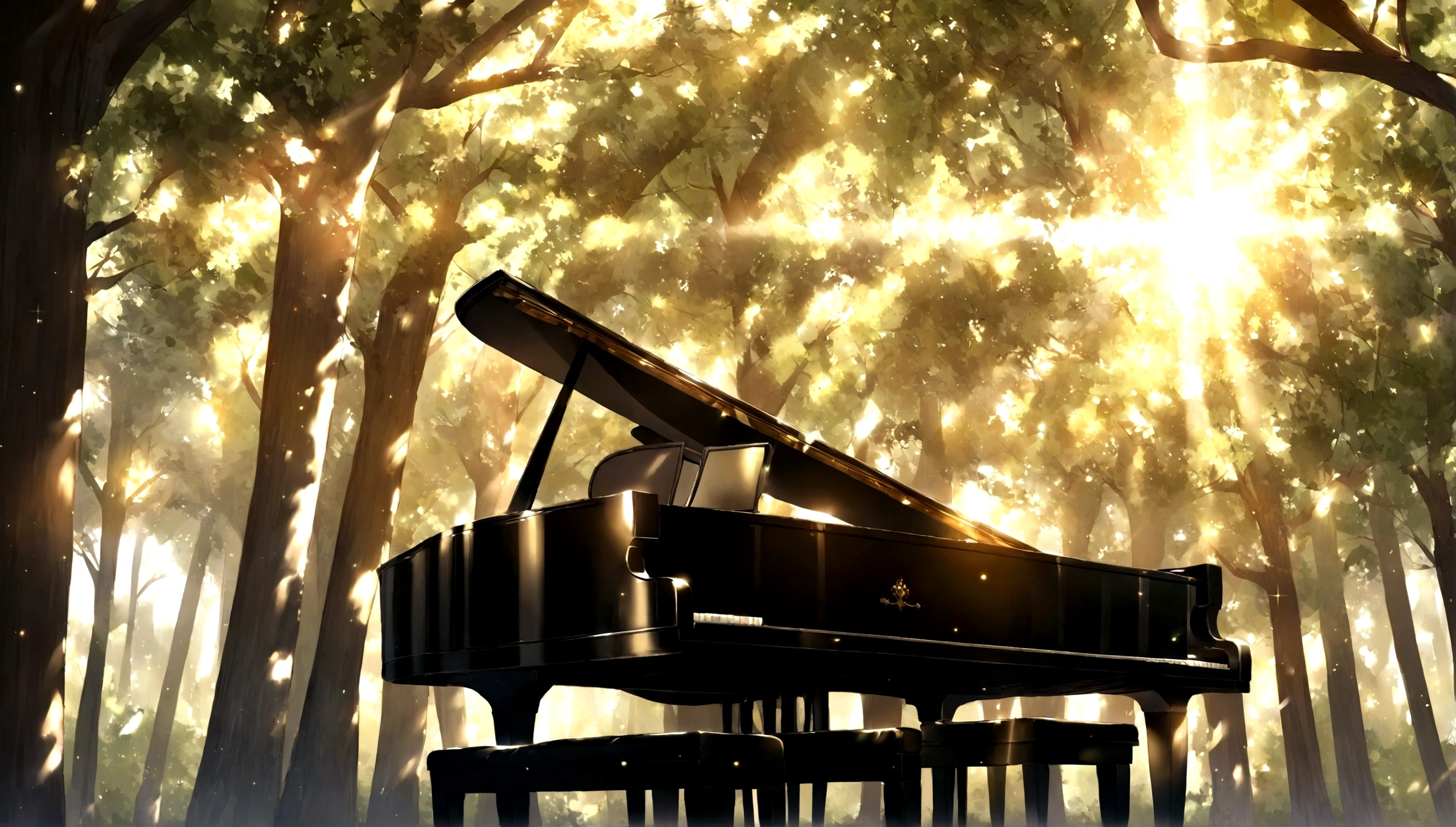 １A grand piano placed under a large book tree、The sunlight filtering through the trees makes it sparkle.