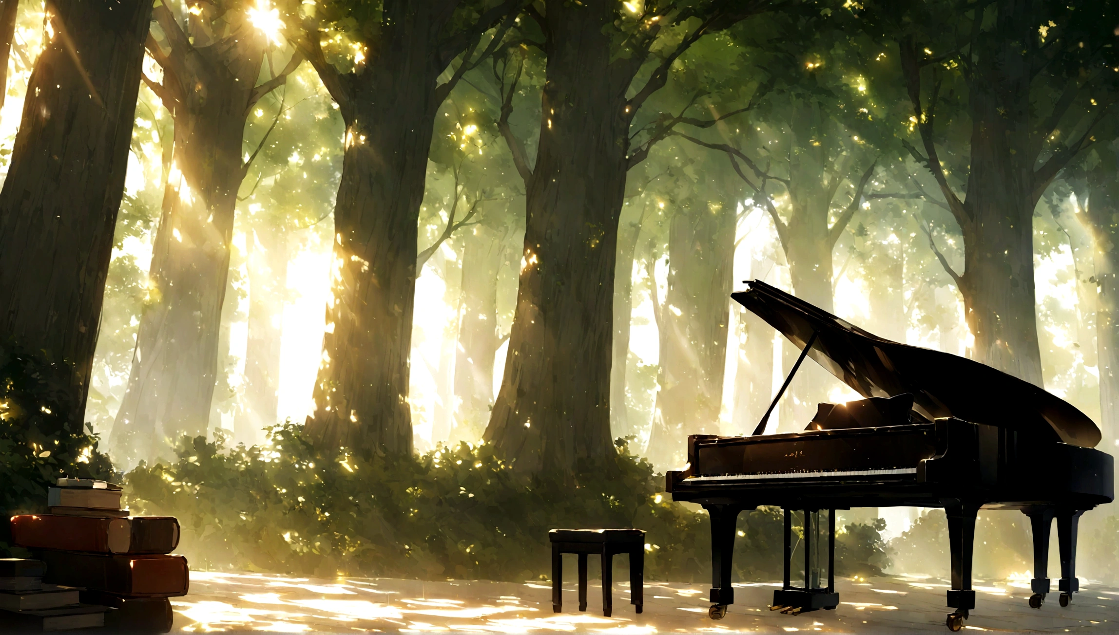 1A grand piano placed under a large book tree、The sunlight filtering through the trees makes it sparkle.