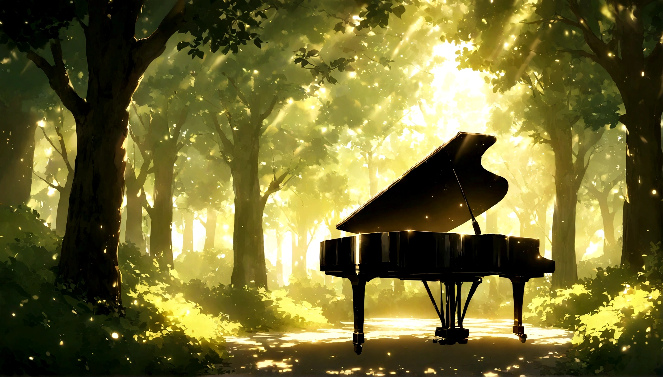 1A grand piano placed under a large book tree、The sunlight filtering through the trees makes it sparkle.