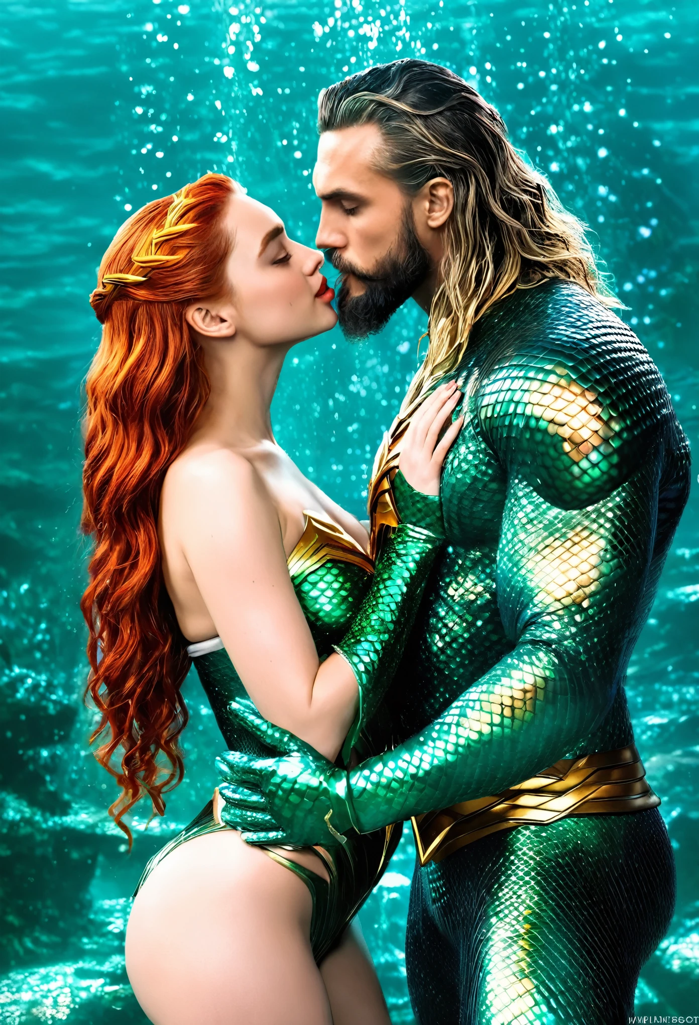 Make the character Mera very sexy and hot kissing Aquaman