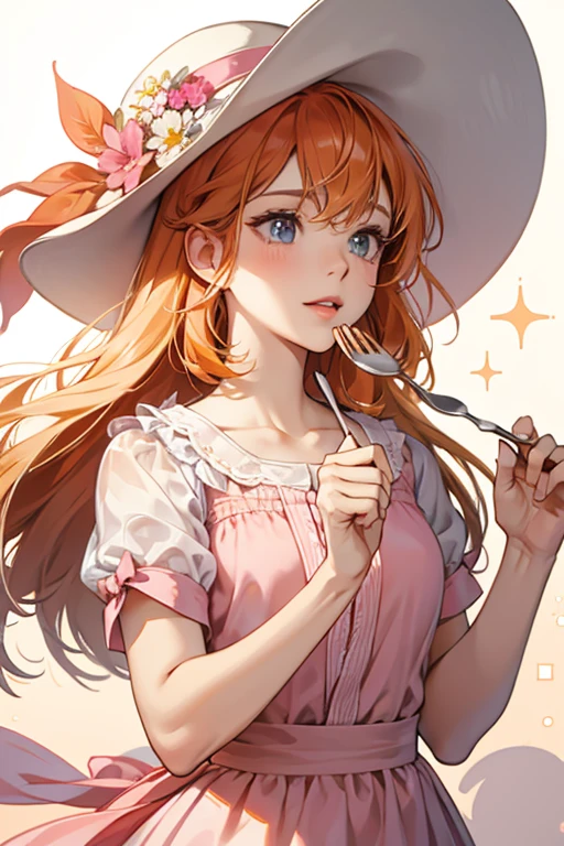 Mild Onetchi has orange hair, light peach skin, and pink lips. She wears a white sunhat with flowers, and holds a fork in her right hand and a spoon in her left. SPARKLE; GLITTER