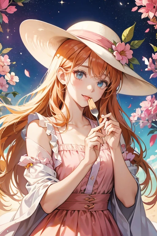 Mild Onetchi has orange hair, light peach skin, and pink lips. She wears a white sunhat with flowers, and holds a fork in her right hand and a spoon in her left. SPARKLE; GLITTER