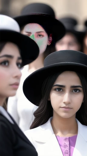 group of young haredi people woman together focus on face.